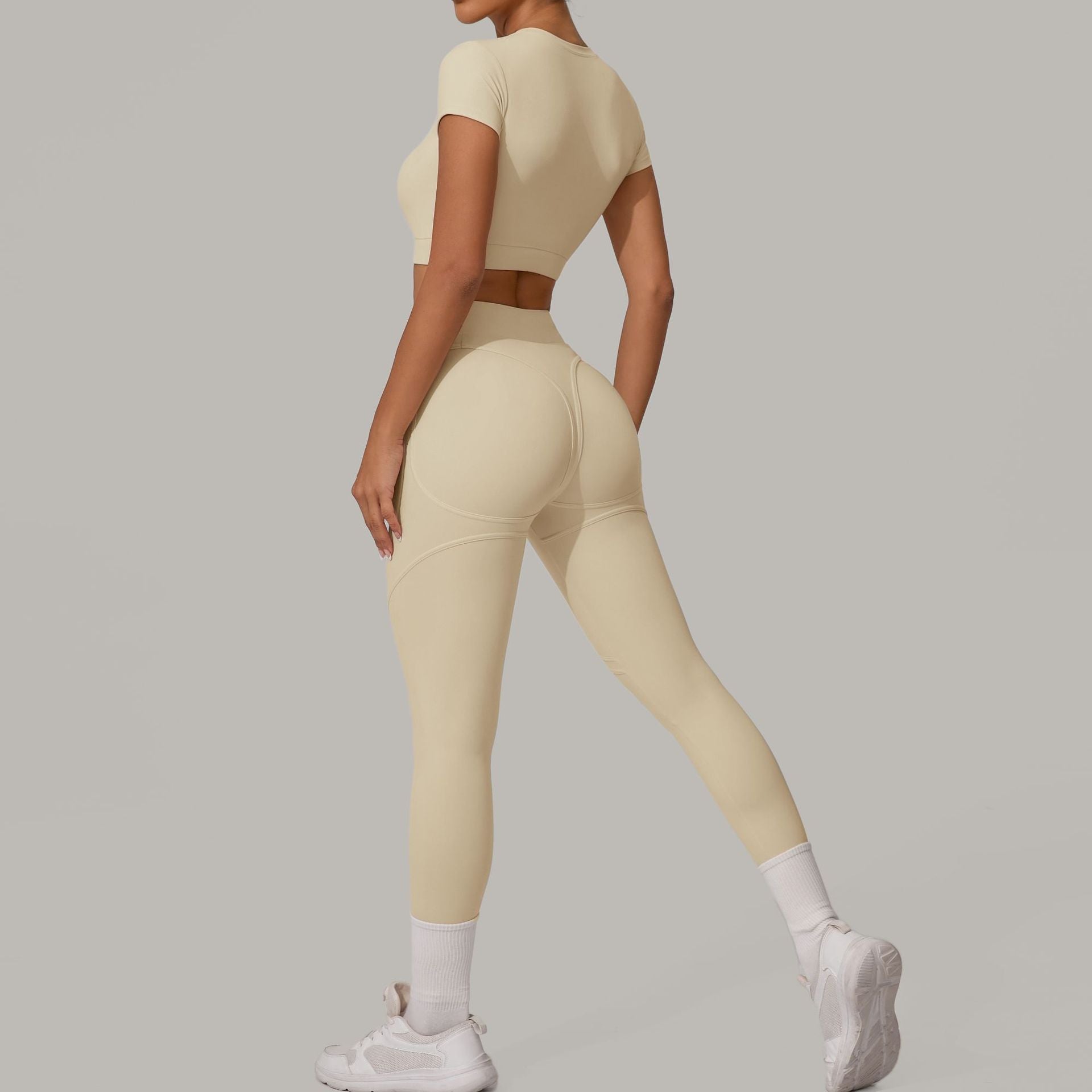 Autumn Sand Brushed Yoga Two Piece Sets Tight High Waist Hip Lifting Yoga Running Exercise Workout Outfit